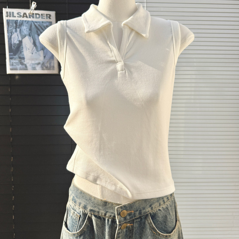 Summer New Style Polo Collar Sleeveless T-Shirt Women's White Slim-Fit Slimming Look Lapel Simple Wear V-Neck Top