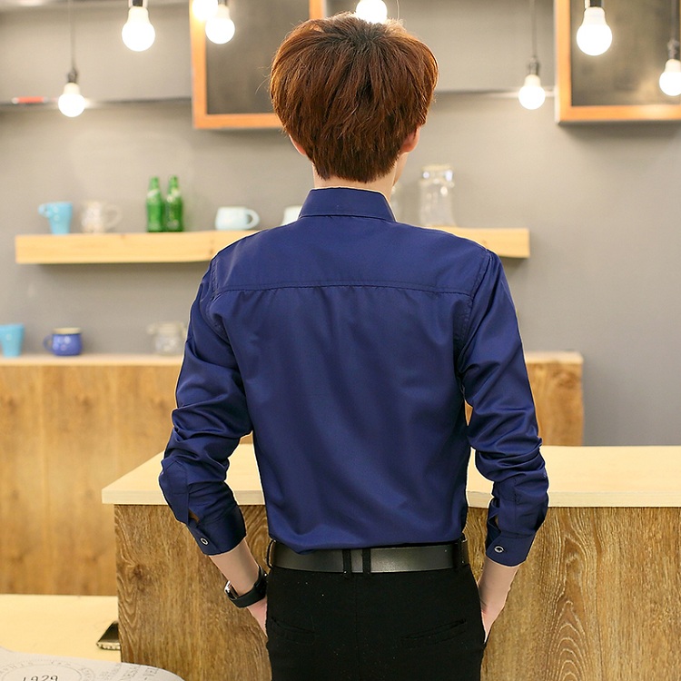 Mùa hè áo dài tay màu rắn nam phiên bản Hàn Quốc của thanh niên tự tu trắng áo sơ mi nam quần áo công sở giản dị sơ mi đen nam