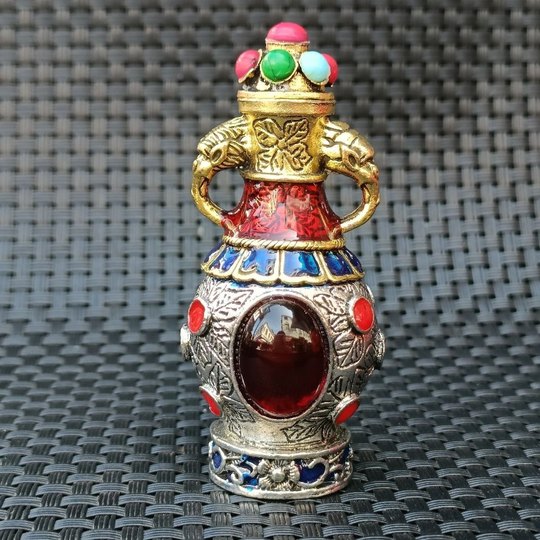 古玩收藏仿古复古鼻烟壶铜双面镶嵌红蓝绿宝石烟具内画鼻烟壶