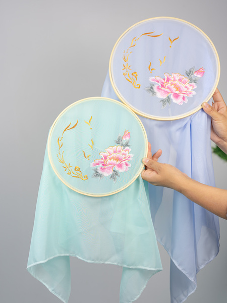 Embroidered Bamboo Frame Finished Product for Classical Dance, Embroidered Butterfly and Bridge Design, Dance Props Embroidered on Bamboo Frame