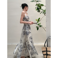 JWUNIQUE Dimple sleeveless suspender dress for women 2026 summer design ink painting waist slimming long skirt