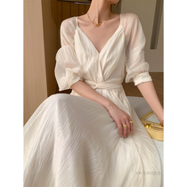 JWUNIQUE off-white design long-sleeved V-neck dress womens spring 2024 new waist slimming long skirt