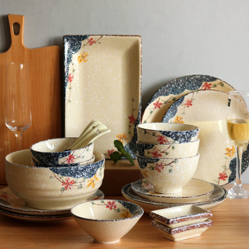 Japanese-style two-person food hand-painted underglaze color porcelain household ceramic tableware set bowls and plates wedding housewarming gifts