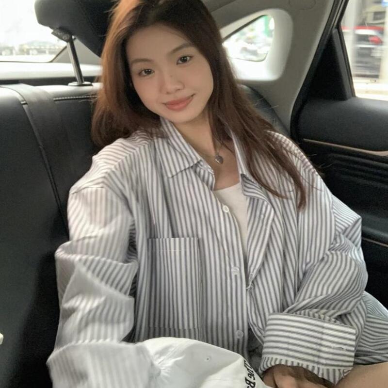 Plus Size 2026 Spring and Autumn New Korean Style ins Retro Design Loose Versatile Slimming Long-Sleeve Striped Shirt for Women Plus Size 2026 Spring and Autumn New Korean Style ins Retro Design Loose Versatile Slimming Long-Sleeve Striped Shirt for Women