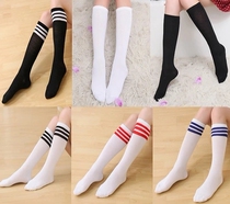 College Japanese student socks womens tube cotton black and white striped knee South Korea autumn and winter three bar football socks