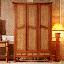 Solid wood rattan wood wardrobe Large wardrobe rattan wardrobe Retro three-door wardrobe wooden bedroom assembly cabinet