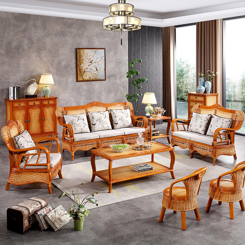 Natural Rattan Sofa Set for Living Room, Five-Piece Rattan Furniture Set with Rattan Chairs and a Three-Seater Sofa with a Waist Support Design