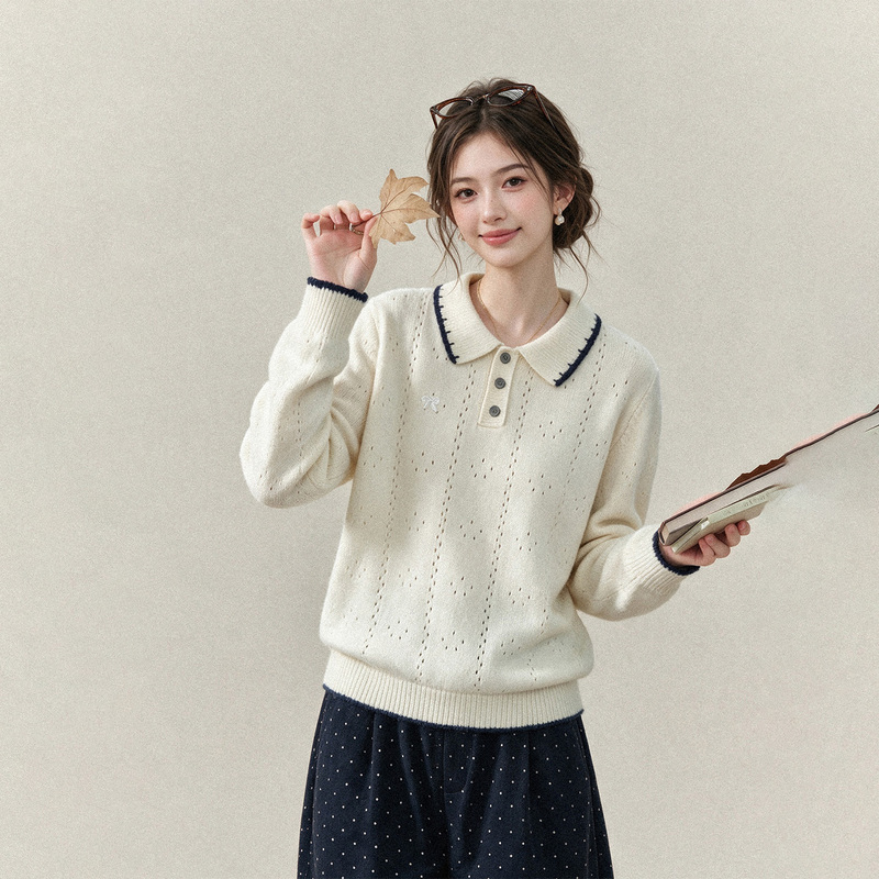 Apricot Color Hollow-Out Polo Collar Long-Sleeve Soft Knit Sweater for Women, Autumn College Style Loose Base Knit Top Apricot Color Hollow-Out Polo Collar Long-Sleeve Soft Knit Sweater for Women, Autumn College Style Loose Base Knit Top