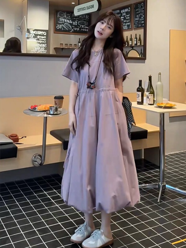 [Ms Maternity] Korean-Style Loose-Fitting, Slimming, Versatile Drawstring Dress for Pregnant Women, Flower Bud Maternity Dress