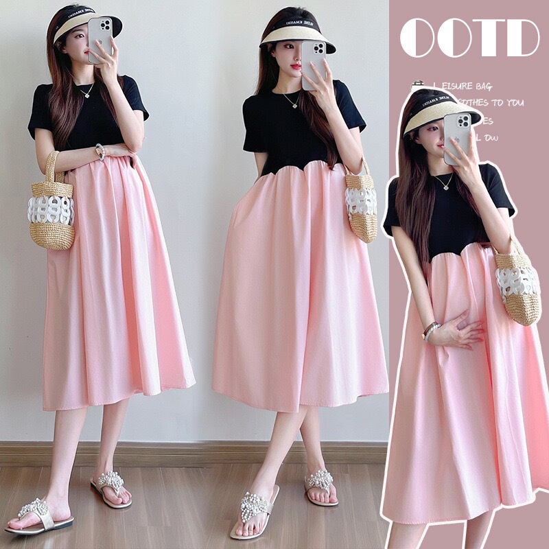 [Ms Maternity] Maternity Wear 2026 Summer New Style French Round Neck Design with Contrasting Color Stitching Maternity Dress