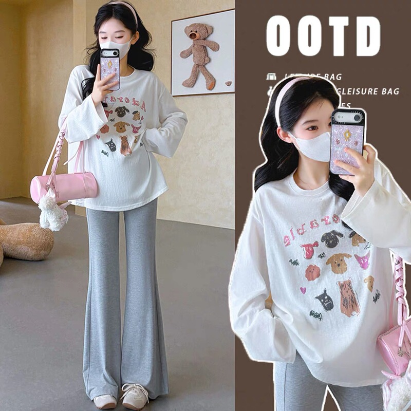 [Ms Maternity] Pregnancy Outfits 2026 Spring/Summer Thin Loose Cartoon Print T-Shirt + Flared Pants Maternity Wear