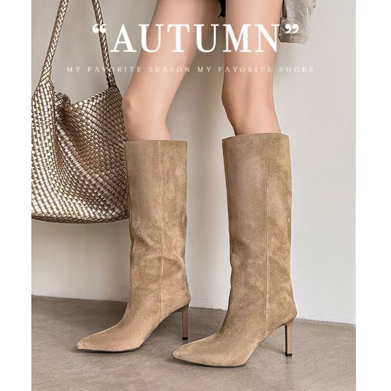 Fu Xiaoxi's New Autumn and Winter Pointed-Toe Stiletto Suede Straight Boots, High-Heeled Over-The-Knee Boots, Long Boots, Riding Boots