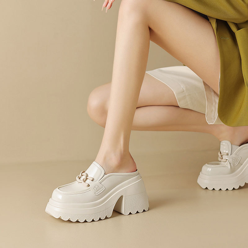 Genuine Leather Slip-On High-Heeled Closed-Toe Half-Slippers for Women, Suitable for Outdoor Wear in Summer, Mules, Casual Chunky Heel Platform Sandals