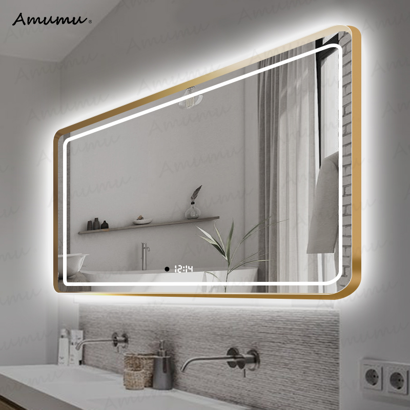 Bathroom mirror wall-mounted light and luxurious make-up room mirror gold border mirror anti-fog LED lamp mirror wash smart mirror hanging wall