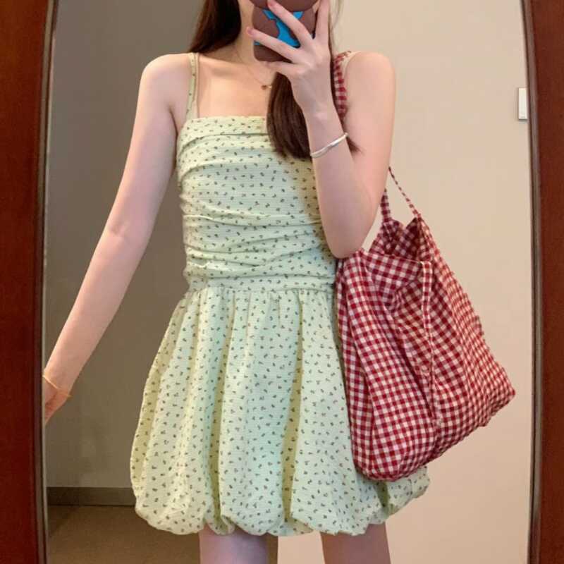 Tryolo Trozz Lime Basil Mojito Strapless Waist-Cinching Atmospheric Green Floral Dress for Women