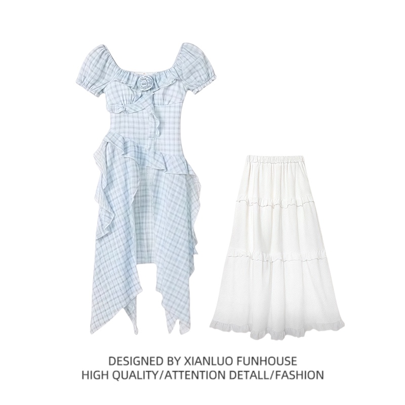 Siamese Style Plus-Size Slimming Blue Slit Plaid Top for Women, Summer White Tiered Long Skirt