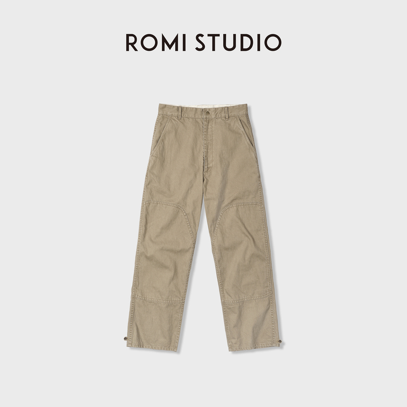 Romi Studio Versatile Casual Bamboo Texture Pure Cotton Comfortable Khaki High-Waisted Workwear Straight-Leg Pants for Women