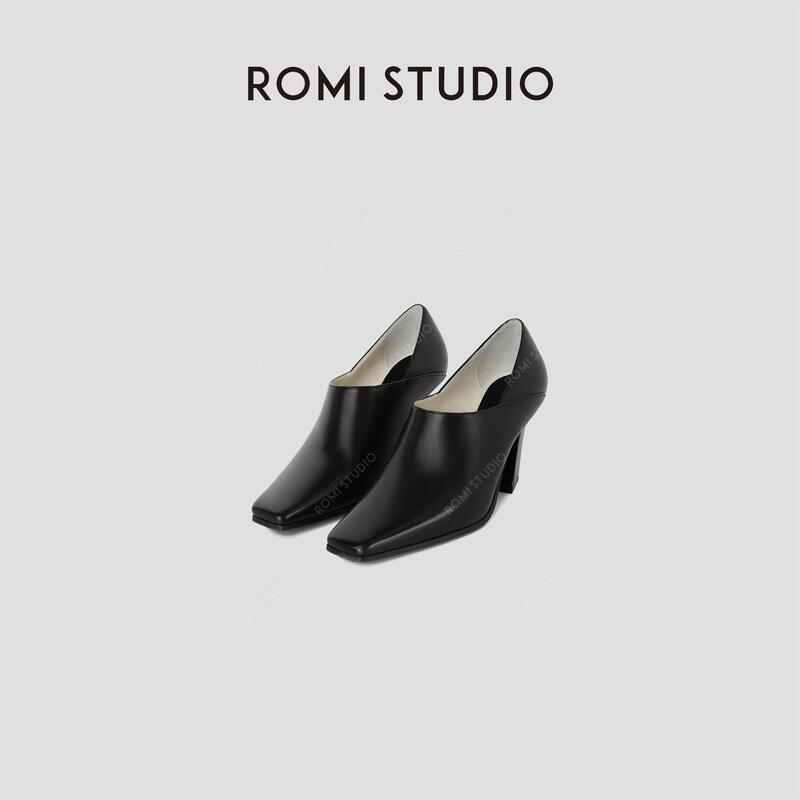 Romi Studio "French Elegance" Cowhide and Sheepskin Square Toe Thick Heel High Heels Rwblp31638