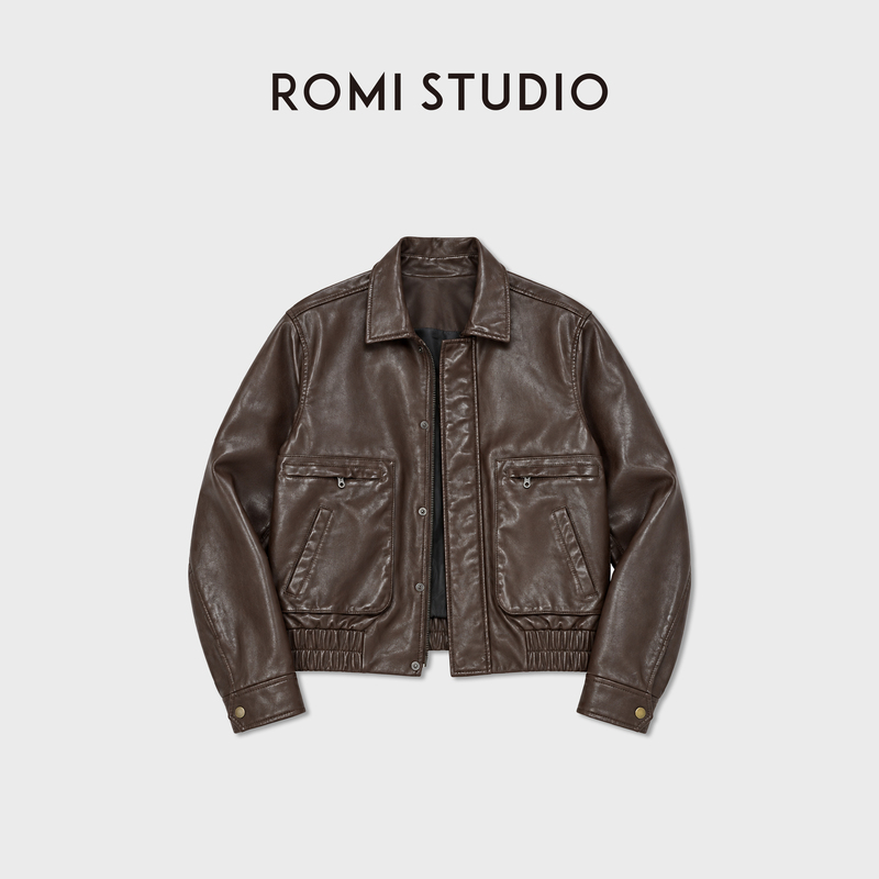 Romi Studio Retro Washed Wrinkled Small Lapel Leather Jacket Rwdaw65368