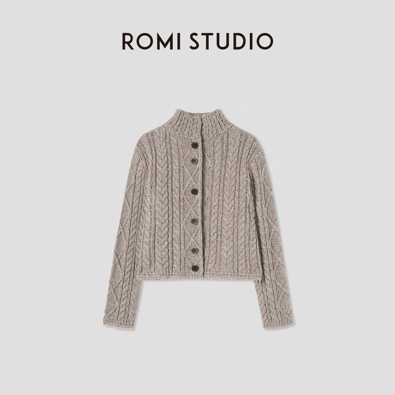 Romi Studio "Warmth Is Here" Sheep Wool Blend Twist Collar Retro Cardigan Jacket 442Wm001