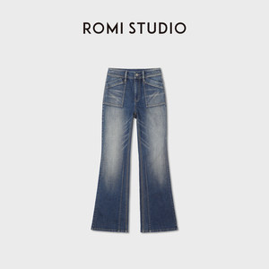 Romi Studio Flared Denim Washed Gradient Retro Mid-High Waist Pocket Jeans Rwdax65008
