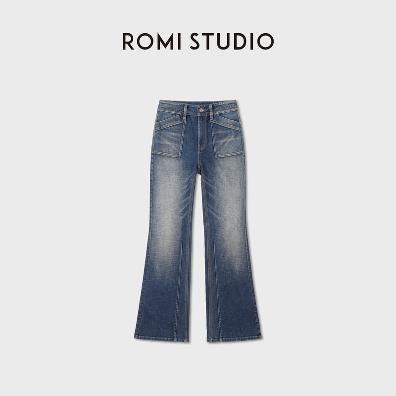 Romi Studio Flared Denim Washed Gradient Retro Mid-High Waist Pocket Jeans Rwdax65008