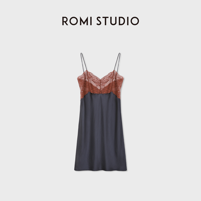 Romi Studio Mulberry Silk Contrasting Lace Dress Home Sexy Nightgown Rwdaly5263