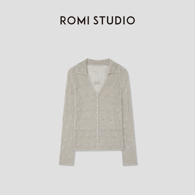 Romi Studio French Style Lazy Slim Fit Cut Out Polo Collar Knitted Cardigan Rwcrs64058 Romi Studio French Style Lazy Slim Fit Cut Out Polo Collar Knitted Cardigan Rwcrs64058