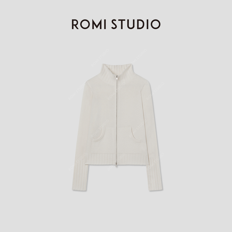 Romi Studio Cashmere Wool Stand-Up Collar Zipper Cardigan Loose Shoulder-Length Sleeve Knitted Sweater Rwcsst2242 Romi Studio Cashmere Wool Stand-Up Collar Zipper Cardigan Loose Shoulder-Length Sleeve Knitted Sweater Rwcsst2242