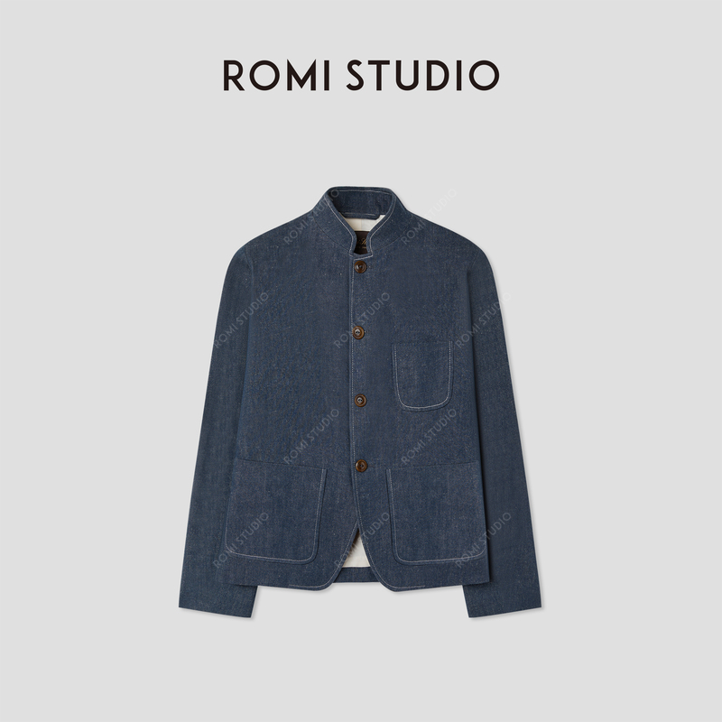 Romi Studio Old Money Style Unique Plain Navy Blue Stand Collar Jacket Denim Coat Rwcswd3799