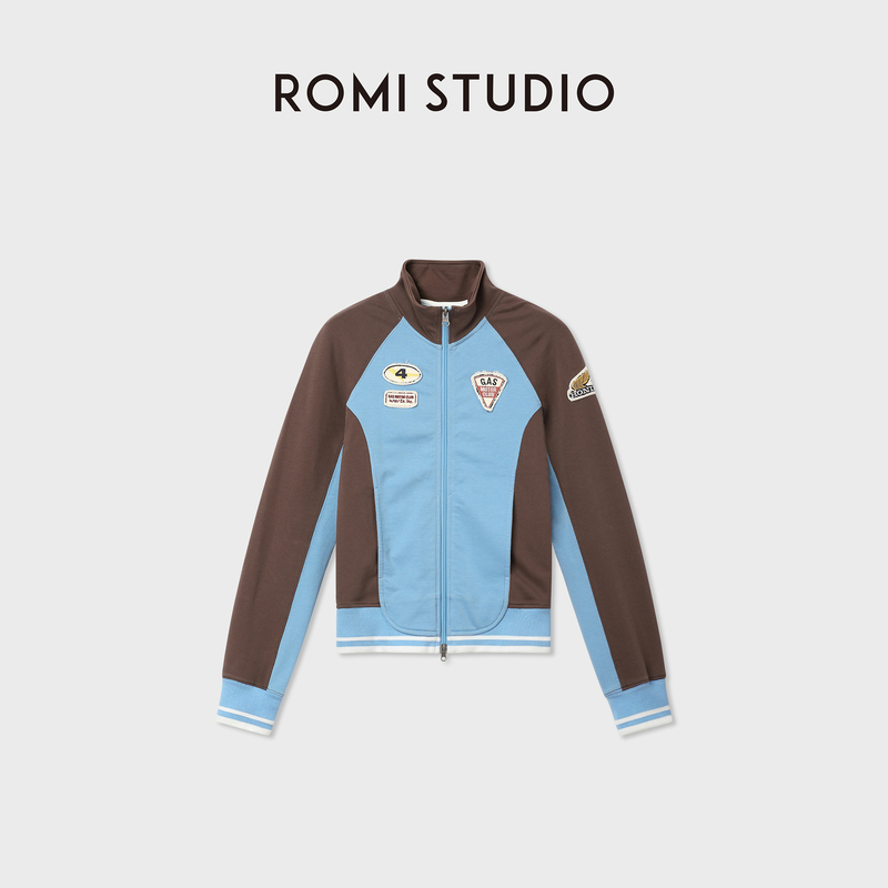Romi Studio Blue and Brown Contrast Motorcycle Jacket American Retro Badge Stand Collar Zipper Cardigan Rwdaw64497