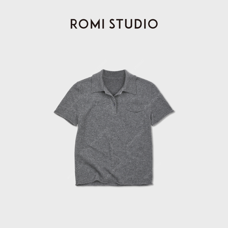 Romi Studio Gray High-Count Wool Comfortable Polo Collar Knit Short-Sleeve Rwdss61953 Romi Studio Gray High-Count Wool Comfortable Polo Collar Knit Short-Sleeve Rwdss61953