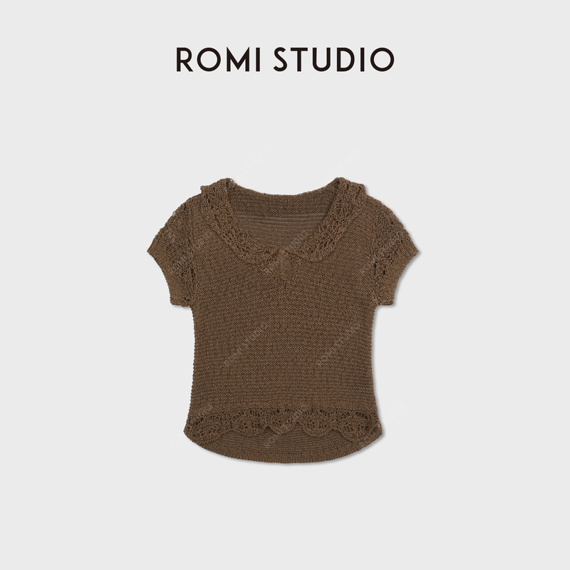 Romi Studiov-Neck Cut Out Wavy Hem Slim-Fitting Short Retro Short-Sleeved Woolen Top Rwdssl3042 Romi Studiov-Neck Cut Out Wavy Hem Slim-Fitting Short Retro Short-Sleeved Woolen Top Rwdssl3042