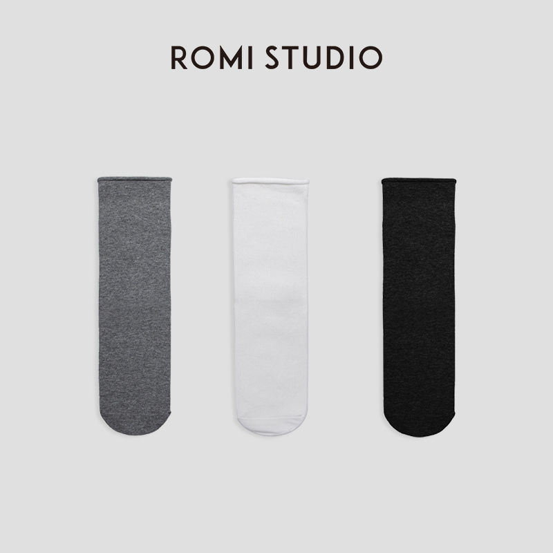 Romi Studio Normcore and Versatile ins Mid-Calf Curled and Ventilated Three-Color Pure Color Mid-Calf Socks S3173