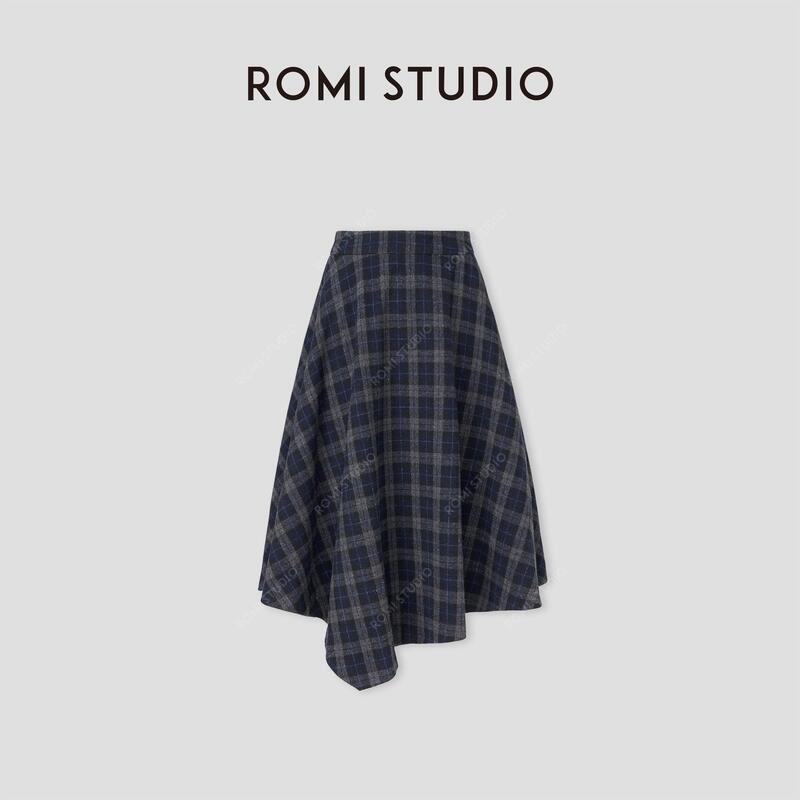 Romi Studio Classic Retro Sheep Wool Blend Asymmetrical Brushed Plaid A-Line Skirt 431X6102