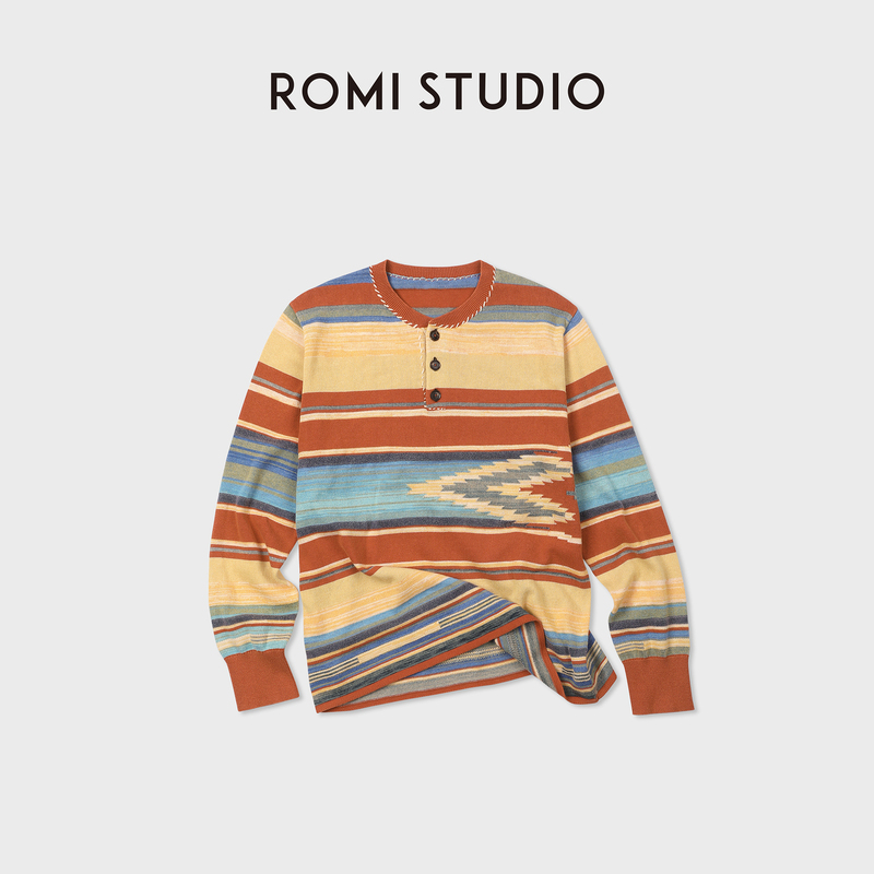 Romi Studio Retro Colorful Stripes with Contrasting Stripes, Loose Henry Collar, Woolen Long Sleeves Rwdsst2856 Romi Studio Retro Colorful Stripes with Contrasting Stripes, Loose Henry Collar, Woolen Long Sleeves Rwdsst2856