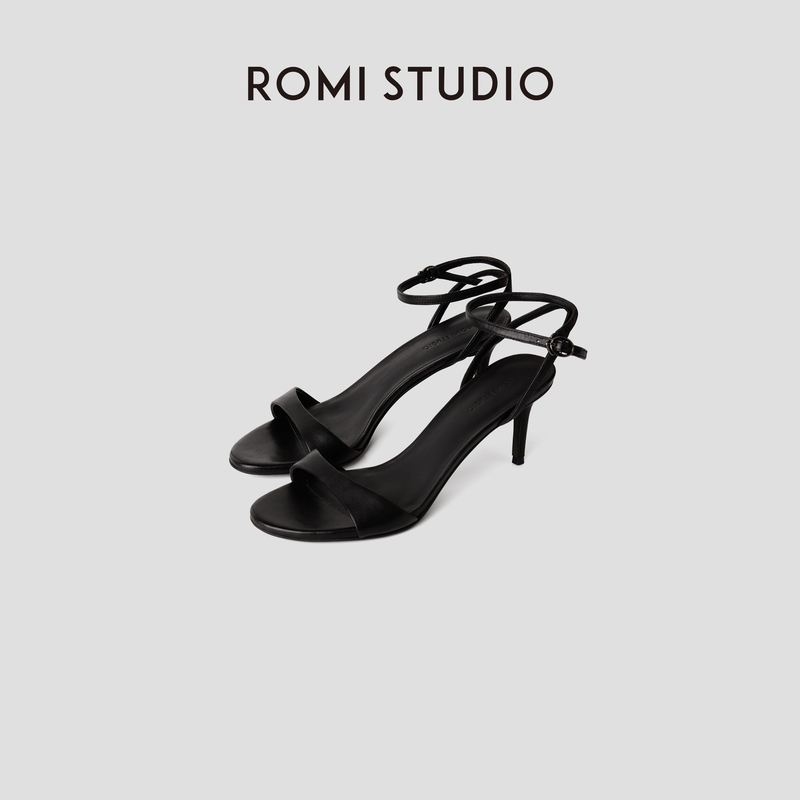 Romi Studio Elegant Black Sheep Leather One-Strap Stiletto High-Heeled Sandals Rwclp32224