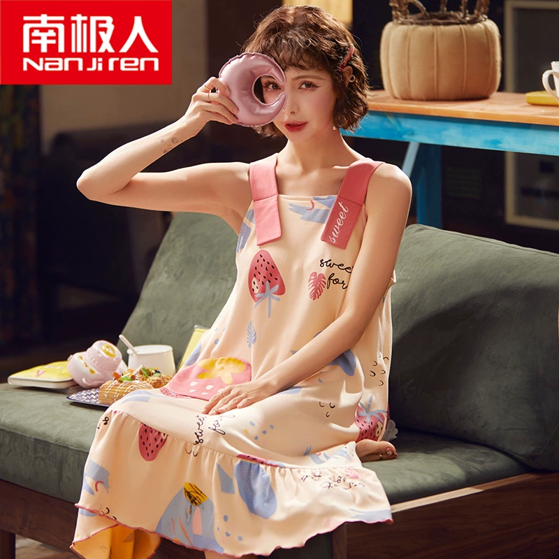 Nam Cực quần áo ngủ phụ nữ cotton tinh khiết mùa hè phụ nữ đồ ngủ dây treo giữa váy mỏng ngắn tay mới mùa hè phụ nữ phục vụ tại nhà - Đêm đầm