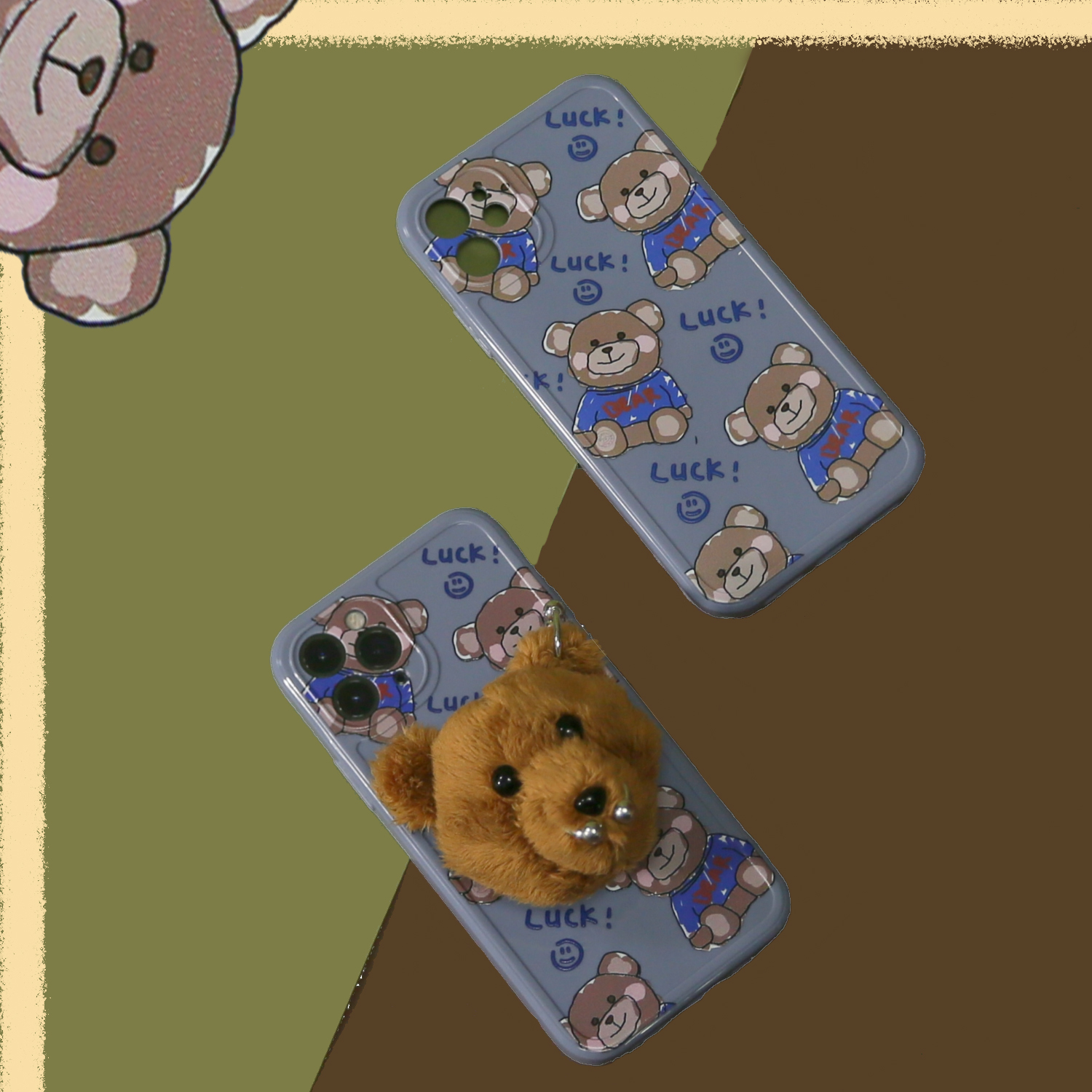 Sake mobile phone protective shell bear illustration Apple silicone anti-fall all-inclusive soft shell plush lazy foldable mobile phone holder