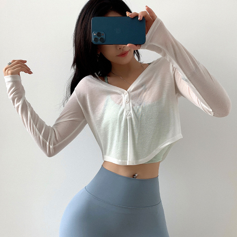 V-Neck Sports Cover-Up Button Pullover Loose Fitness Top Short Running T-Shirt Quick-Drying Thin Training Wear Sexy