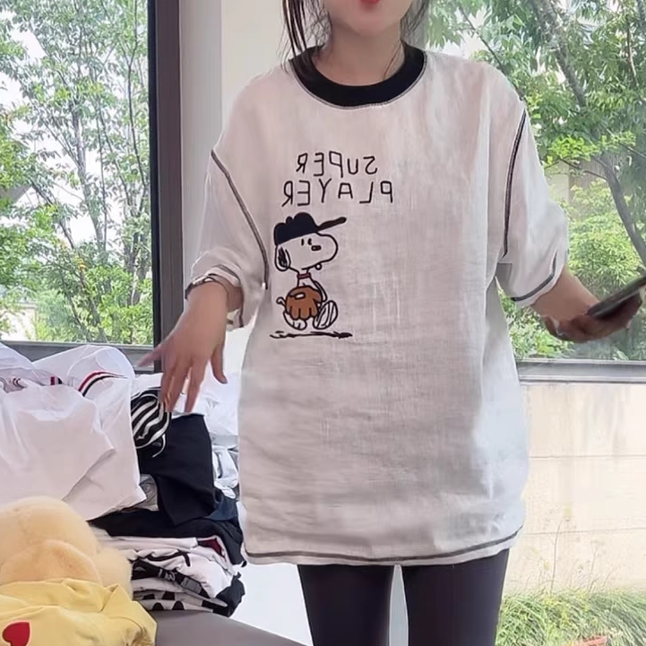 Cartoon Linen Cotton Snoopy Embroidered Short-Sleeve T-Shirt for Women, New Summer Style, Casual Versatile Slimming Mid-Length Top, Trendy Cartoon Linen Cotton Snoopy Embroidered Short-Sleeve T-Shirt for Women, New Summer Style, Casual Versatile Slimming Mid-Length Top, Trendy