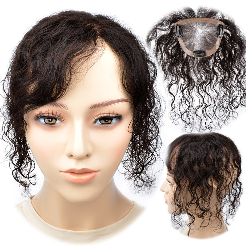 Real hair long slant bangs reissue block curly hair top cover white hair increase hair volume light and breathable Liu Hai film