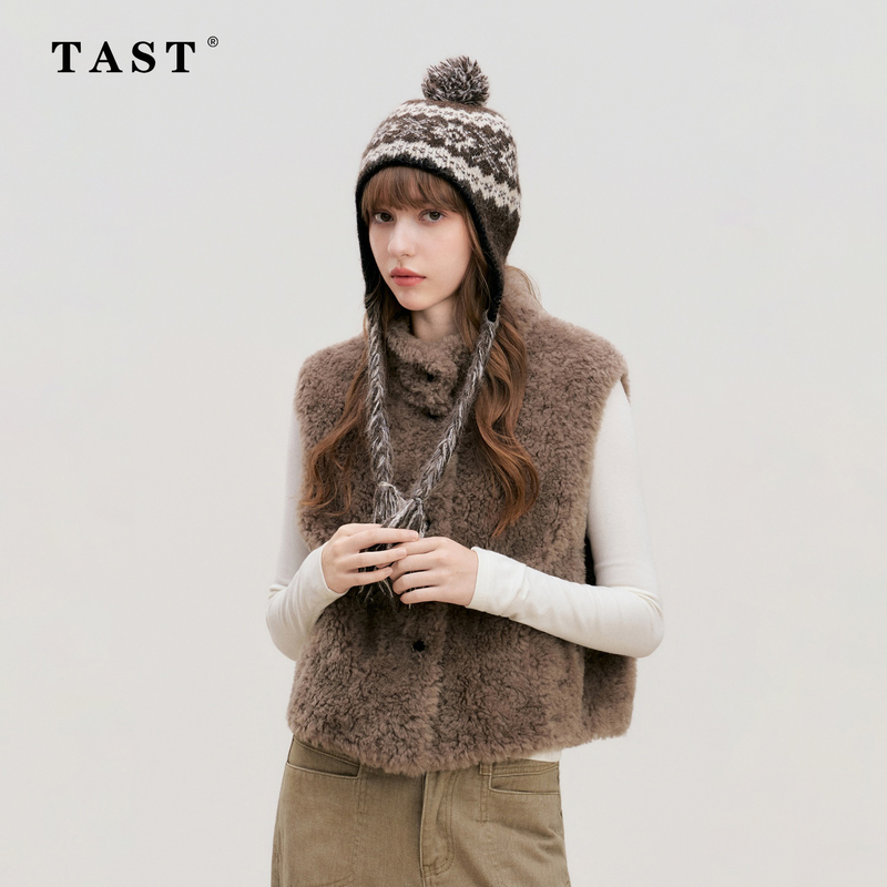 Tast Short Brown Lamb Wool Vest for Women, Winter Stand Collar Sleeveless Outerwear, Korean Style Casual Versatile