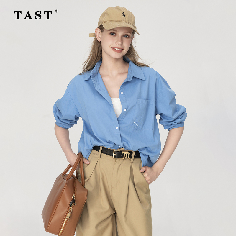 Tast Klein Blue Long-Sleeve Shirt for Women, Pure Cotton Top, Vintage Pocket, Loose Casual Shirt, Versatile Square Collar Tast Klein Blue Long-Sleeve Shirt for Women, Pure Cotton Top, Vintage Pocket, Loose Casual Shirt, Versatile Square Collar