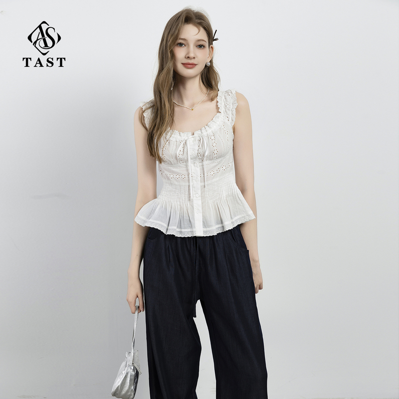 Tast Original French-Style Hollow-Out Camisole for Women, Summer Waist-Cinching Tie-Up Short Slim-Fit Inner Top, Summer Design