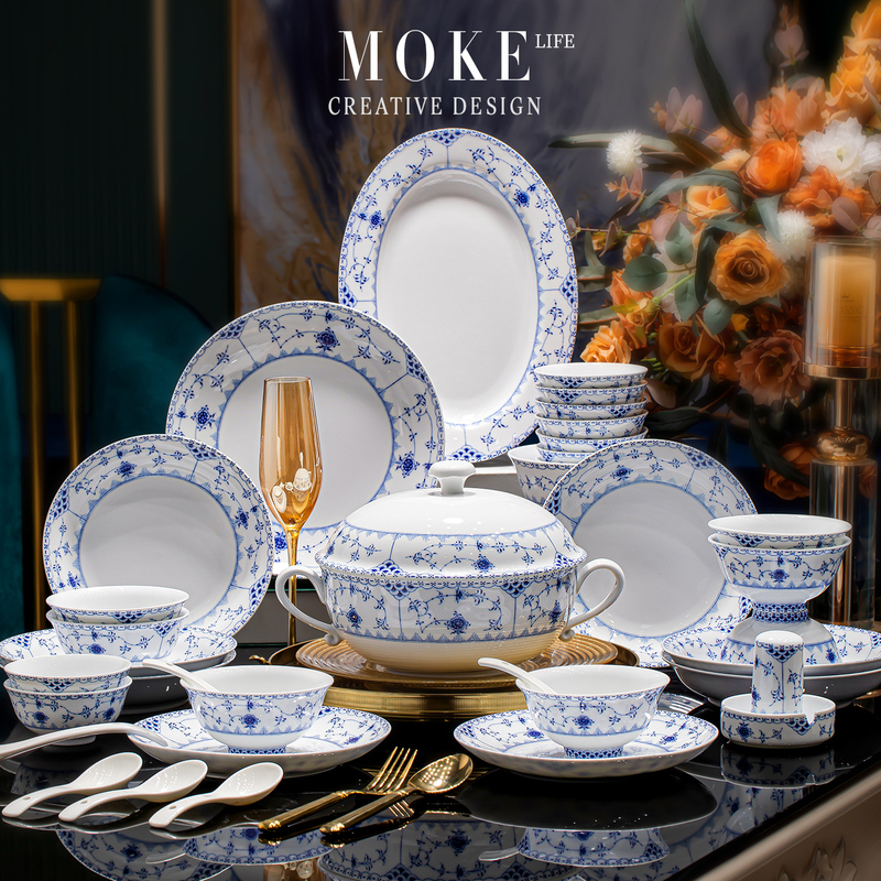 Jingdezhen High White Porcelain Tableware Set, Blue and White Porcelain Bowls and Plates, Household Light Luxury Bowl and Plate Set, Housewarming Gift Box Set