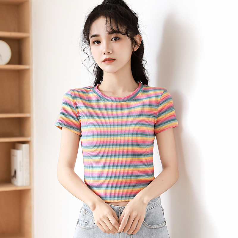 Short Crop Top for Women with Rainbow Stripes, Tight-Fitting, Revealing Navel, Bottoming Shirt, Hyuna Style, Waist-Revealing Short-Sleeved High-Waisted T-Shirt