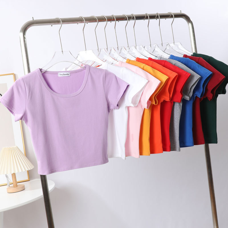 Short T-Shirt for Women, Summer Korean Style, Pure Cotton, Short-Sleeved, Crop Top, Tight-Fitting, High-Waisted, Exposed Navel Top