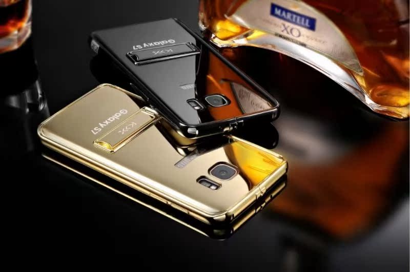 KXX Luxury Electroplate Stainless Steel Metal Bumper Acrylic Mirror Back Cover Case with Kickstand for Samsung Galaxy S7 Edge