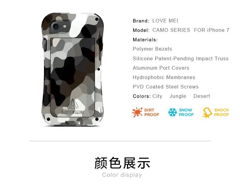LOVE MEI Powerful Camo Series Small Waist Water Resistant Shockproof Dust/Dirt/Snow Proof Aluminum Metal Outdoor Gorilla Glass Heavy Duty Case Cover for Apple iPhone 7 Plus & iPhone 7